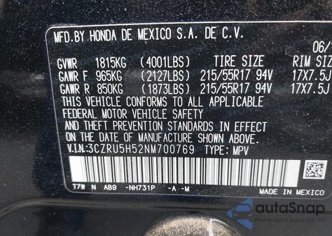 2022 Honda Hr-V 2Wd Ex z USA, uszkodzony, nr VIN 3CZRU5H52NM700769